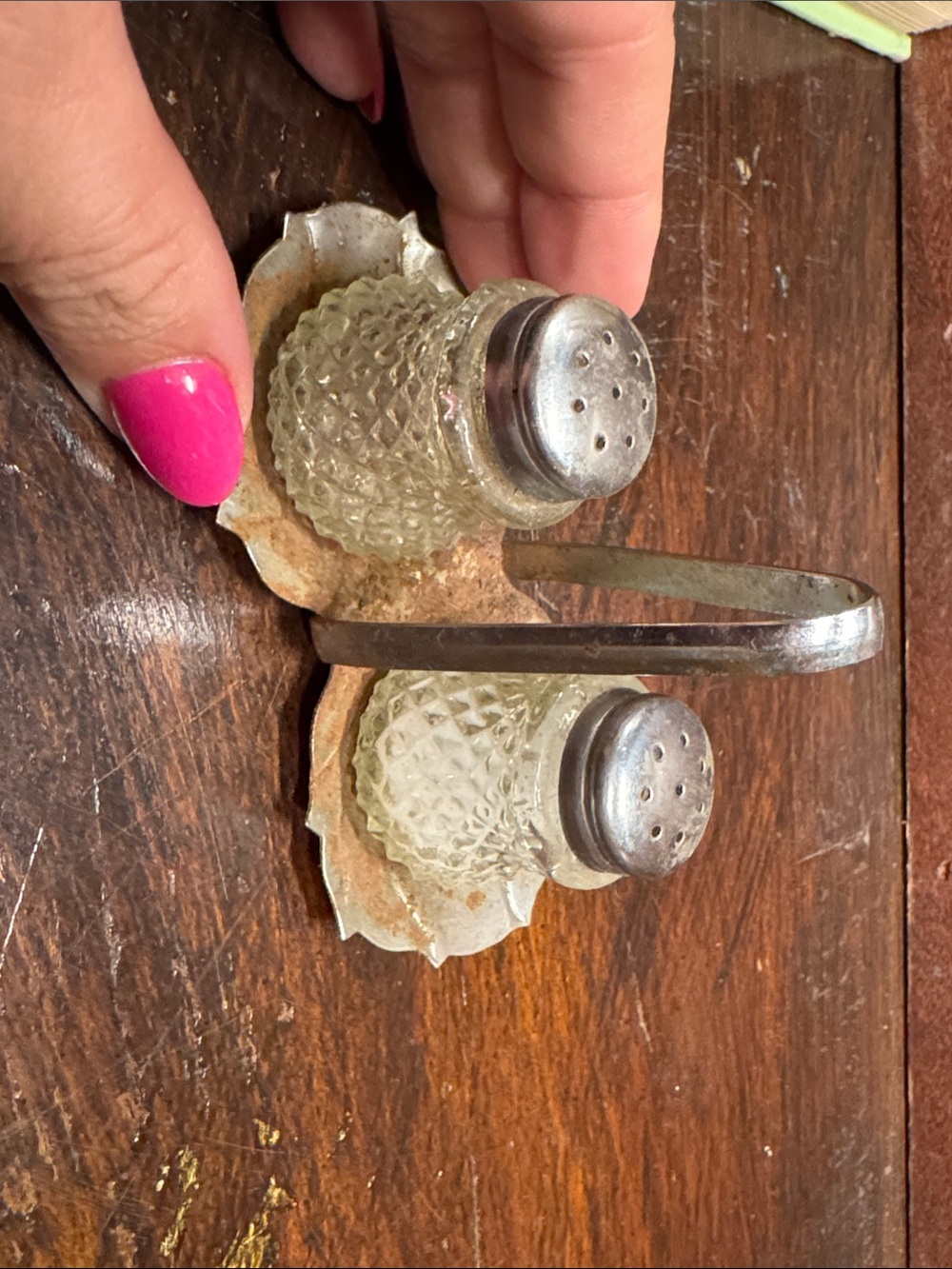 Tiny salt and pepper shakers with stand